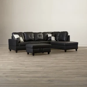 Betson 103.5" Wide Dark Black Sofa & Chaise with Ottoman Right Hand Facing L Shaped Sofa